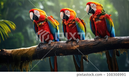 Tropical macaws sitting on a tree branch in the rainforest. 108308991