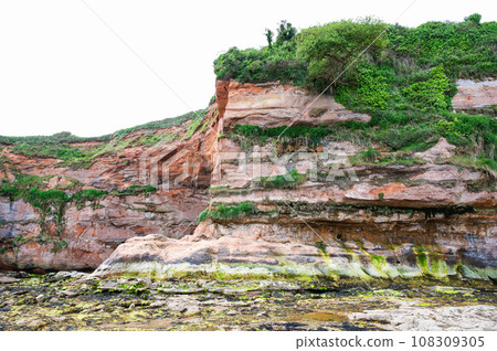 Rock formations in Ladram Bay, United Kingdom. View of the beach and red and orange cliffs and the sea, Jurassic coast, selective focus Rock formations in Ladram Bay, United Kingdom. View of the beach and red and orange cliffs and the sea, Jurassic coast, selective focus 108309305