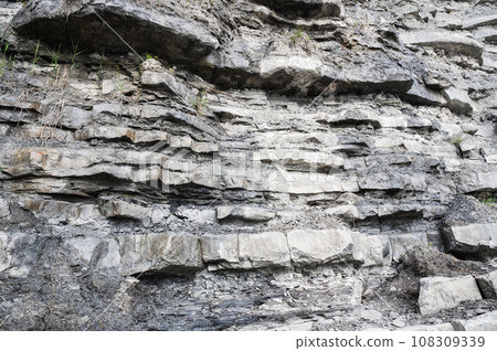 Cliffs in East Cliff beach in Lyme Regis, Dorset, South West England. Close up of stacked under time stones. Selective focus 108309339