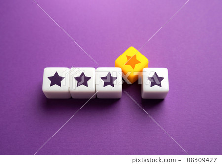 Add fifth star in the ranking. Feedback overview. High reputation rating. Successful business, satisfied customers. Popularity, prestige. Evaluation of service quality. 108309427