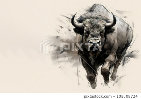 Painting of a wild buffalo on clean background. Wildlife Animals. 108309724