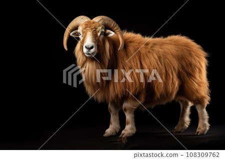 Image of bighorn sheep with beautiful horns on black background. Farm animals. 108309762