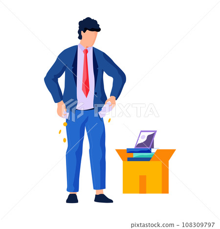 Dismissal, employee replacement, downsizing. Unhappy man dismissed from job, leave office with stuff in box. Unemployed jobless benefit. Unemployment dismissal of workers. Employee job reduction 108309797
