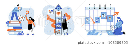 Self improvement and self development concepts set, growth mindset, positive attitude to learn new knowledge enhancement for business problem, training to improve skills, intellectual motivation 108309803