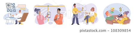 Cashless payment. Vector illustration. Online retailers often offer incentives or discounts for choosing cashless payment options Contactless payment technology relies on short-range wireless 108309854