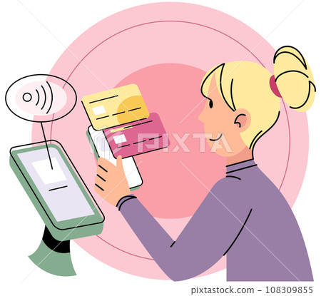 Woman using pos terminal confirms payment using smartphone, Mobile cashless, online banking, money transaction. Online and mobile payments for web page, social media, documents, cards, posters 108309855