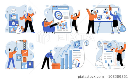 Business development. Vector illustration. Job seekers navigate competitive job market with diligence Business Concept illustrations convey intricate ideas effectively Men and women excel in diverse Business development. Vector illustration. Job seekers navigate competitive job market with diligence Business Concept illustrations convey intricate ideas effectively Men and women excel in diverse 108309861