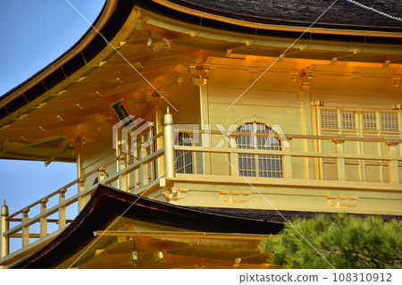 Kyoto in spring in Japan, close-up photo of the Shariden of Kinkaku-ji, a world heritage site, beautiful golden walls and terrace Kyoto in spring in Japan, close-up photo of the Shariden of Kinkaku-ji, a world heritage site, beautiful golden walls and terrace 108310912