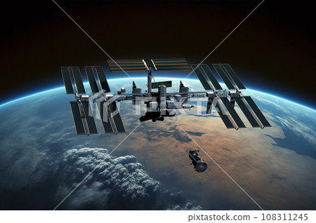 International Space Station ISS Orbiting over Earth. 3D Illustration. International Space Station ISS Orbiting over Earth. 3D Illustration. 108311245