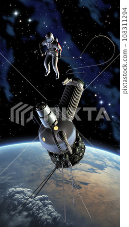 First spacewalk. 3D Illustration. First spacewalk. 3D Illustration. 108311294