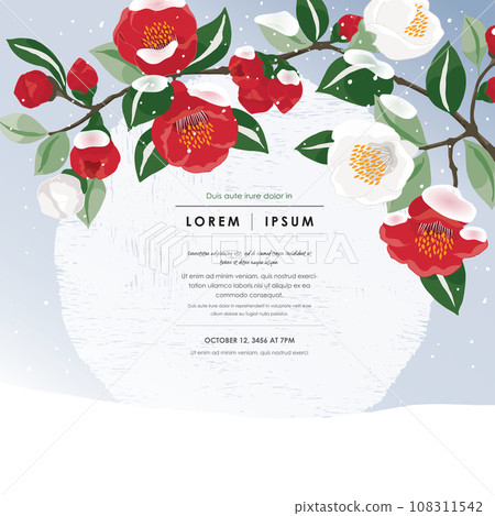 Vector Illustration of Floral Frame with Snowfall on Fully Bloomed Camellia Branches  108311542