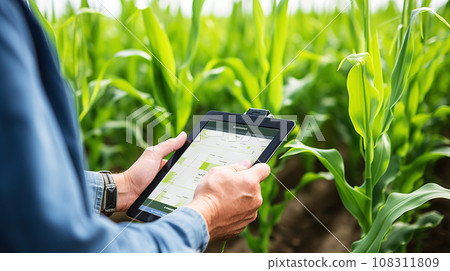 Farmer holding a tablet in front of corn field. Smart digital farming. Plant growing control from tablet Farmer holding a tablet in front of corn field. Smart digital farming. Plant growing control from tablet 108311809
