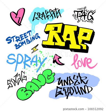 Street RAP graffiti in the grunge style with tags, drips and blobs. Urban savage spray paint art 108312092