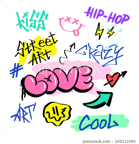 Street graffiti lettering in the grunge style with tags, drips and blobs. Urban savage spray Street graffiti lettering in the grunge style with tags, drips and blobs. Urban savage spray 108312093