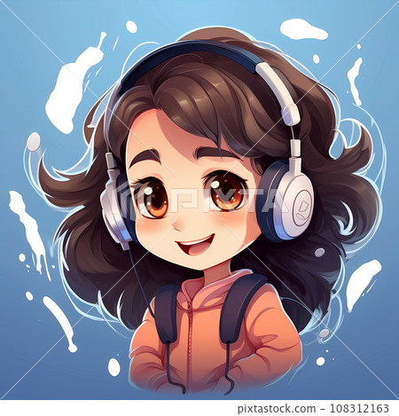 卡通戴着耳机听音乐的女孩插画 卡通戴着耳机听音乐的女孩插画 108312163