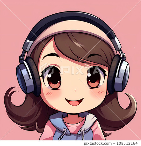 卡通戴着耳机听音乐的女孩插画 108312164