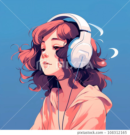 cartoon illustration of girl listening to music with headphones cartoon illustration of girl listening to music with headphones 108312165