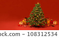 Red background with Christmas tree and many presents 108312534