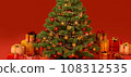Red background with christmas tree and presents 108312535
