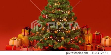 Red background with christmas tree and presents 108312535