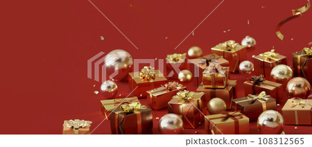 Red luxury background with many golden presents 108312565