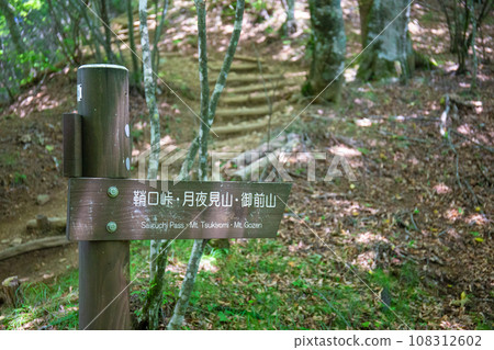 Mt. Mito mountain trail/Sayaguchi Pass/Mt. Tsukiyomi/Mt. Gozen signs (Hinohara Village, Nishitama District, Tokyo) 108312602