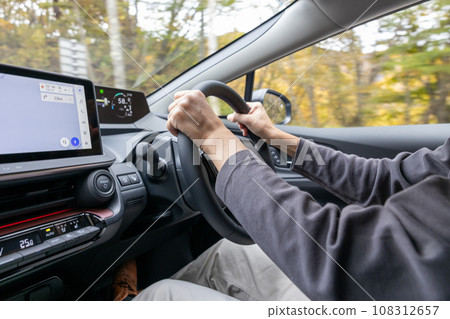 在秋季道路上行駛的汽車的駕駛座 在秋季道路上行駛的汽車的駕駛座 108312657