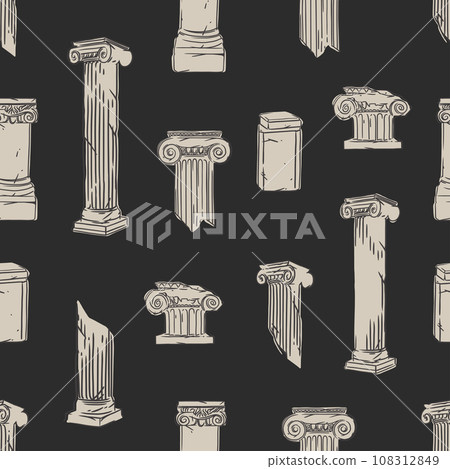 Hand drawn vector abstract graphic, greek ancient sculpture statues and column line art modern seamless pattern.Antique vintage classic sculpture columns line style.Antique statue design background. 108312849