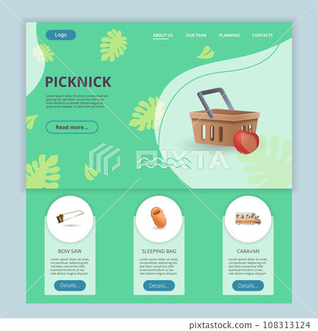 Picknick flat landing page website template. Bow saw, sleeping bag, caravan. Web banner with header, content and footer. Vector illustration. Picknick flat landing page website template. Bow saw, sleeping bag, caravan. Web banner with header, content and footer. Vector illustration. 108313124