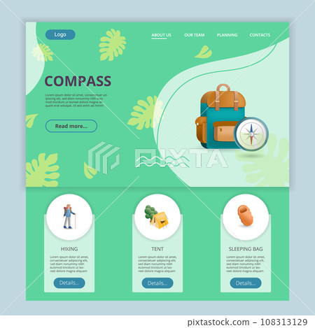 Compass flat landing page website template. Hiking, tent, sleeping bag. Web banner with header, content and footer. Vector illustration. 108313129