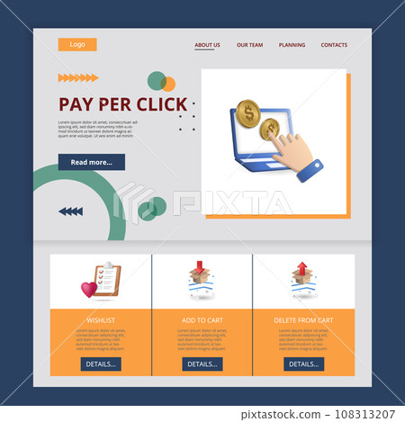 Pay per click flat landing page website template. Wishlist, add to cart, delete from cart. Web banner with header, content and footer. Vector illustration. 108313207