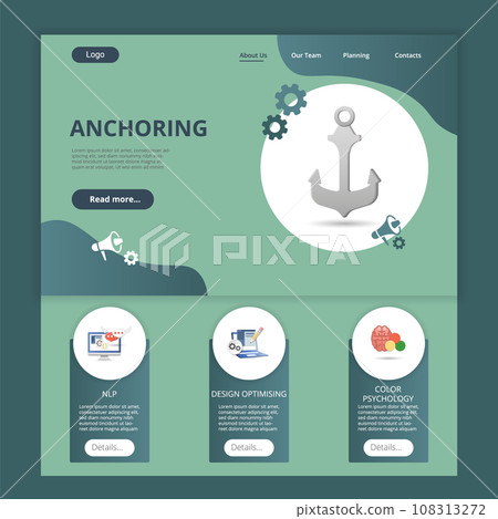 Anchoring flat landing page website template. NLP, design optimising, color psychology. Web banner with header, content and footer. Vector illustration. Anchoring flat landing page website template. NLP, design optimising, color psychology. Web banner with header, content and footer. Vector illustration. 108313272