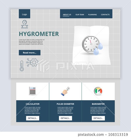 Hygrometer flat landing page website template. Calculator, pulse oximeter, barometer. Web banner with header, content and footer. Vector illustration. 108313319