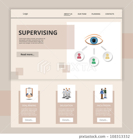 Supervising flat landing page website template. Deal making, delegation, facilitation. Web banner with header, content and footer. Vector illustration. 108313332