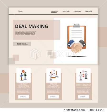 Deal making flat landing page website template. Conflict resolution, project management, dispute solution. Web banner with header, content and footer. Vector illustration. 108313353