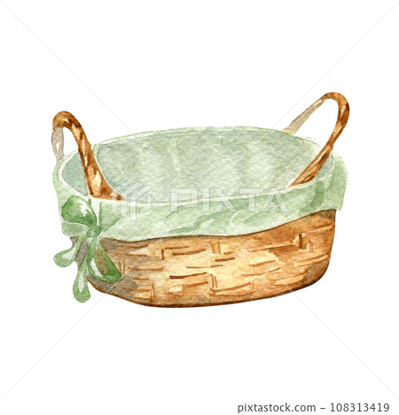 Empty wooden fruit or bread basket watercolor illustration isolated on white background. Hand drawn straw basket with cotton napkin. Design element for market, ingredients of dishes, label, package Empty wooden fruit or bread basket watercolor illustration isolated on white background. Hand drawn straw basket with cotton napkin. Design element for market, ingredients of dishes, label, package 108313419