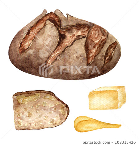 Rye bread whole and slice watercolor illustration isolated on white background. Hand drawn rustic slice of bread and butter set for bakery. Painted bread side view. Elements for poster, grocery Rye bread whole and slice watercolor illustration isolated on white background. Hand drawn rustic slice of bread and butter set for bakery. Painted bread side view. Elements for poster, grocery 108313420