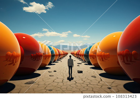Man's Back View Amidst Two Rows of Large, Centrally Aligned Spheres on a Dried Plain with Dry Cracks Man's Back View Amidst Two Rows of Large, Centrally Aligned Spheres on a Dried Plain with Dry Cracks 108313423