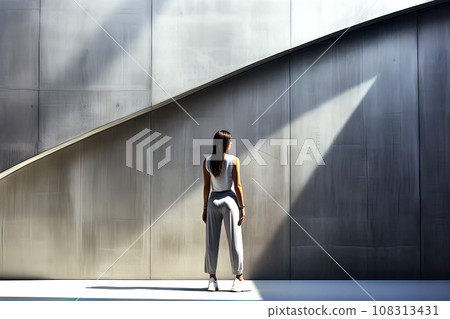 Minimalist Meditative Image with the Back View of a Long-Haired Woman in Sweatpants in Front of a Speckled Gray Wall 108313431