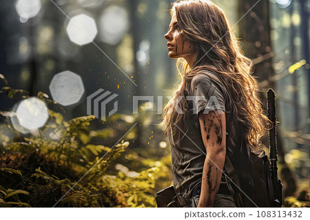 Young, Dirty Woman with Mud Splatters on Arms in Combat Attire in a Dense Forest with Sun Reflections Young, Dirty Woman with Mud Splatters on Arms in Combat Attire in a Dense Forest with Sun Reflections 108313432