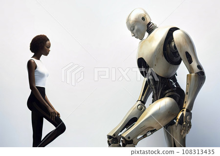 Large White Cyborg Robot, Android, and Young Black Woman in Sporty Attire Stand Thoughtfully Facing Each Other, Copy Space 108313435