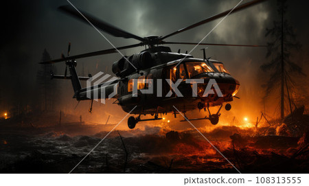 Fire fighting helicopter carry water bucket to extinguish the forest fire 108313555