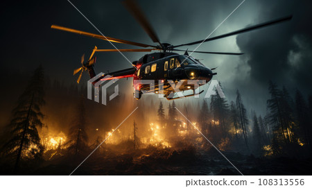 Fire fighting helicopter carry water bucket to extinguish the forest fire 108313556