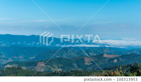 Mountain view in morning with blue sky background. countryside landscape 108313953