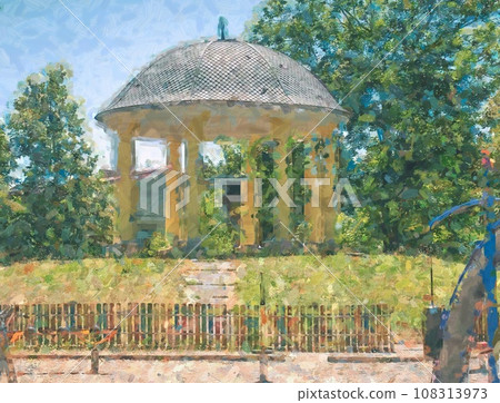 Retro vintage stylized pavilion against sun beams through trees, Retro vintage stylized pavilion against sun beams through trees, 108313973