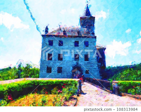 Castle Rozmberk, South Bohemia. People walk on the stony bridge. Sunny day. 108313984