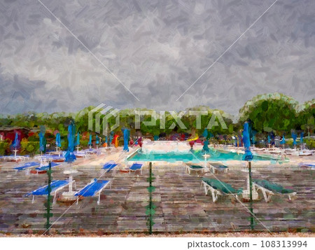 Outdoor swimming pool with ladder, wooden planks side, parasol and relax chairs. Outdoor swimming pool with ladder, wooden planks side, parasol and relax chairs. 108313994