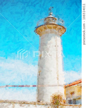 Popular white lighthouse with a concrete tower and an active light by a quiet beach. 108314011