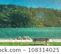 Bench under a tree on a lake shore. Mountains at background. Take a rest near blue green lake. Bench under a tree on a lake shore. Mountains at background. Take a rest near blue green lake. 108314025