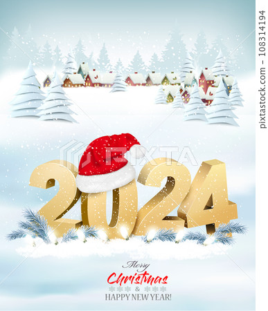 Merry Christmas and New Year holiday background with christmas landscape and 2021 littes and Santa hat. Vector. 108314194